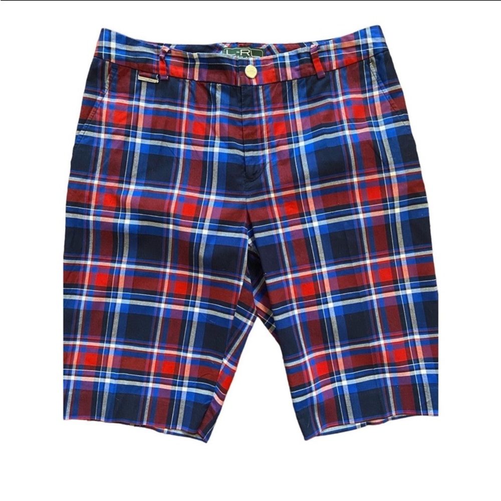 LRL Active RALPH LAUREN Plaid Bermuda golf Shorts Womens Size 14P red white blue